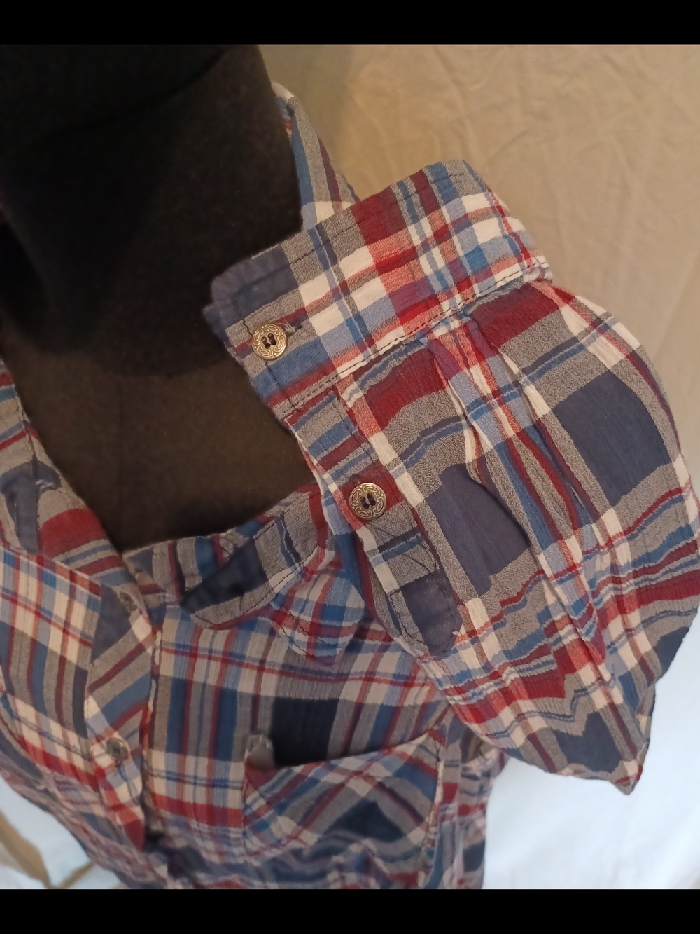 Catherines Red, Navy & Light Blue Plaid Button-Up Utility Shirt Blouse - Picture 5 of 12